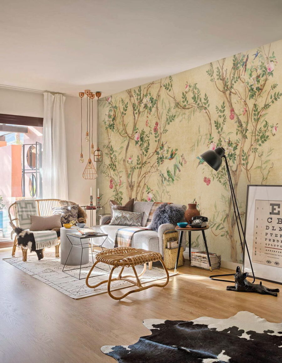 Papel de parede com pássaros e flores