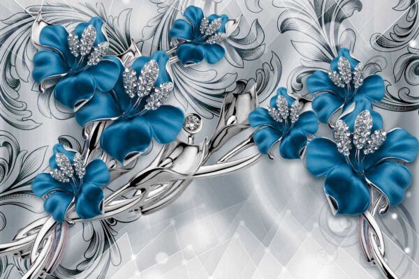 Flores prateadas e azuis sobre um fundo prateado e preto Flores prateadas e azuis sobre um fundo prateado e preto