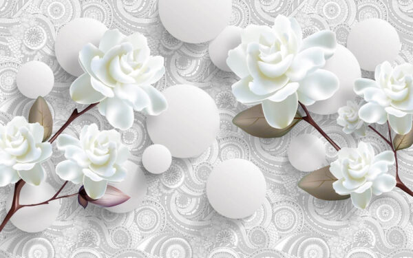 Flores brancas e círculos sobre um fundo branco Flores brancas e círculos sobre um fundo branco