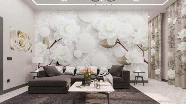 Flores brancas e círculos sobre um fundo branco Flores brancas e círculos sobre um fundo branco