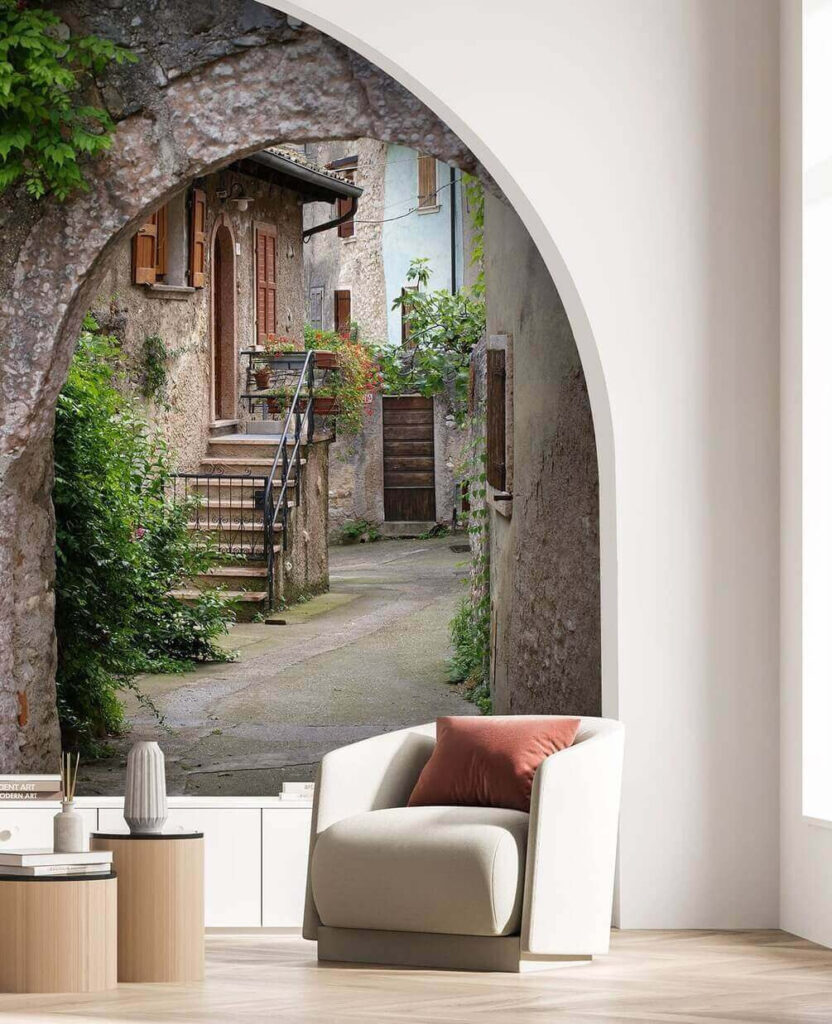 Stone archway with plants and stairs