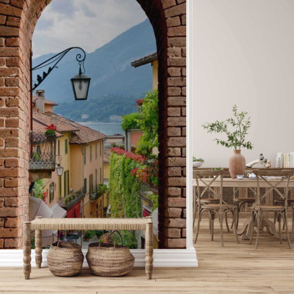 Arco de tijolo com um candeeiro de rua e vista para uma cidade Arco de tijolo com um candeeiro de rua e vista para uma cidade
