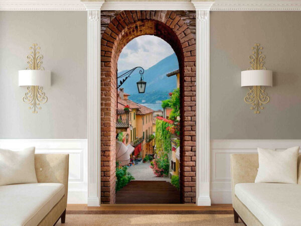 Arco de tijolo com um candeeiro de rua e vista para uma cidade Arco de tijolo com um candeeiro de rua e vista para uma cidade