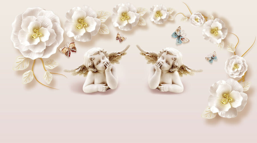 Grupo de anjos com asas e flores