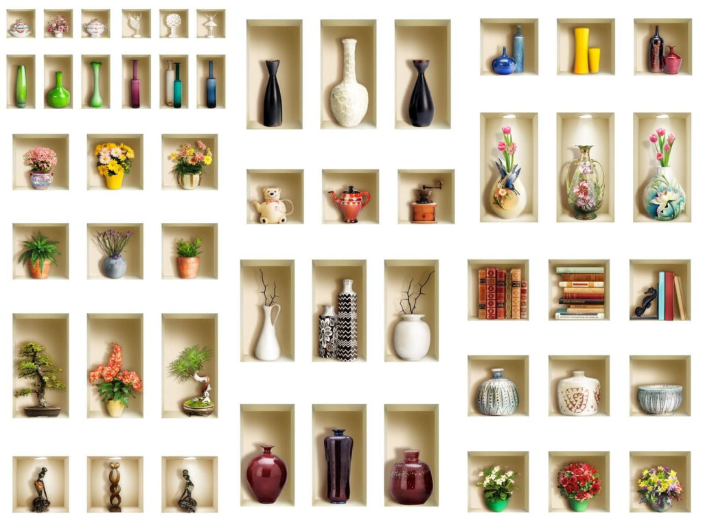 Parede com prateleiras cheias de vasos e flores Parede com prateleiras cheias de vasos e flores