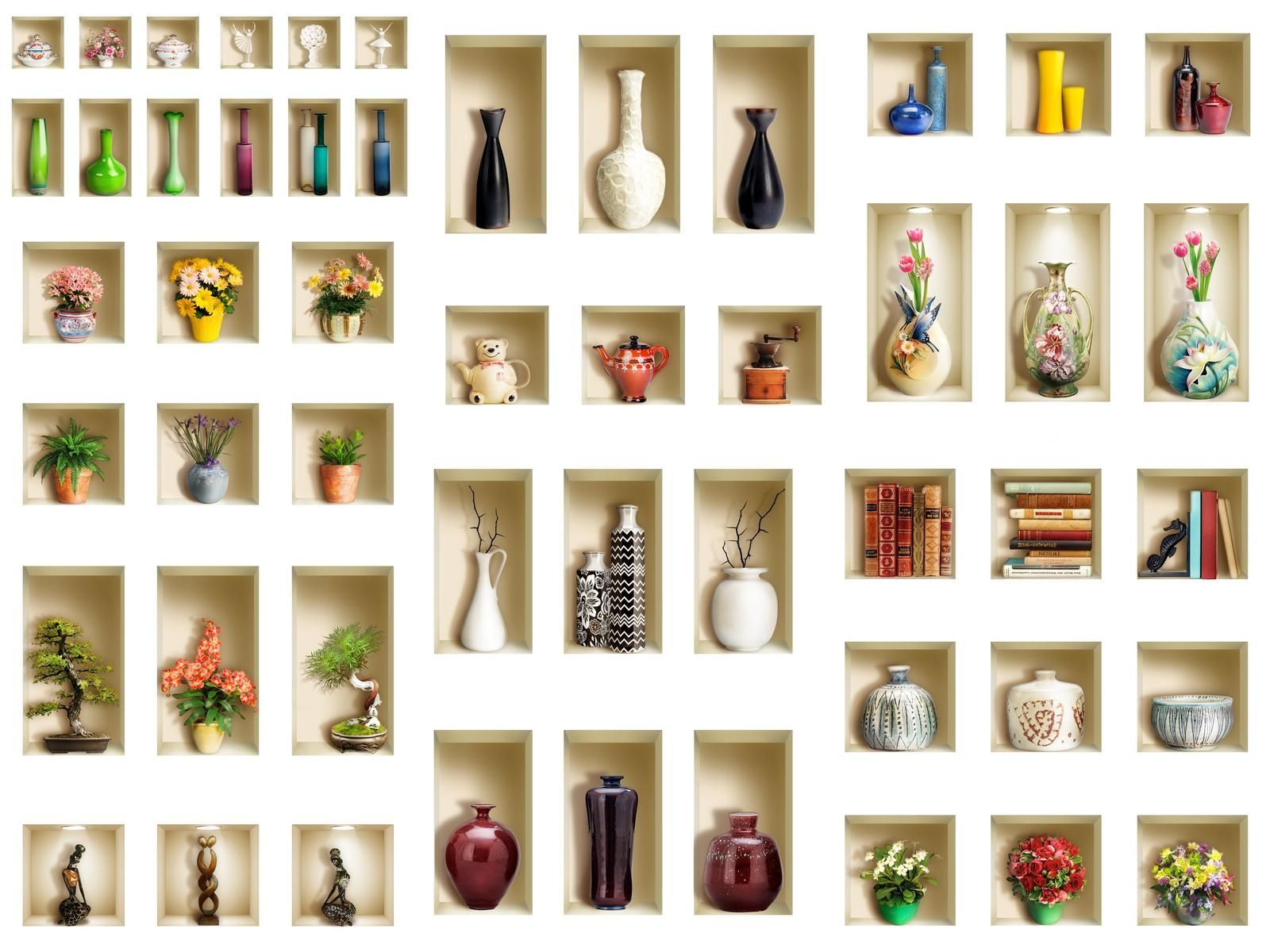 Wall with shelves full of vases and flowers