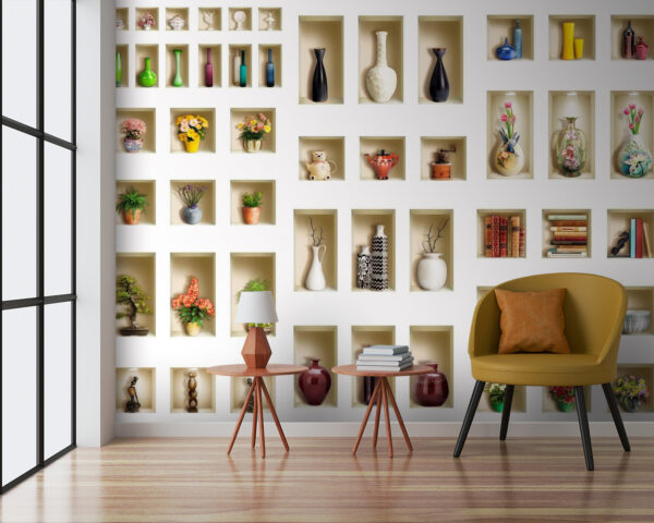 Parede com prateleiras cheias de vasos e flores Parede com prateleiras cheias de vasos e flores