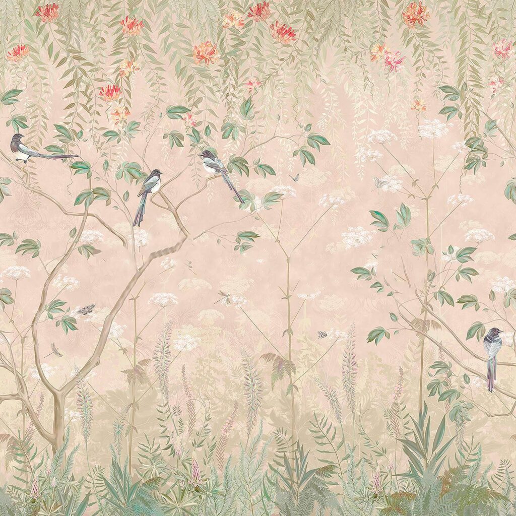 Papel de parede com pássaros em árvores e flores Papel de parede com pássaros em árvores e flores