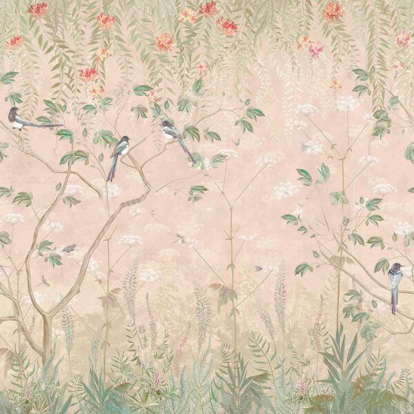 Papel de parede com pássaros em árvores e flores Papel de parede com pássaros em árvores e flores