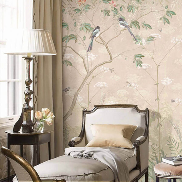 Papel de parede com pássaros em árvores e flores Papel de parede com pássaros em árvores e flores