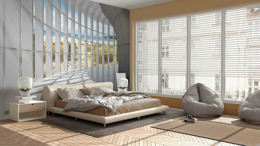 Quarto amplo com janelas e vista para a praia