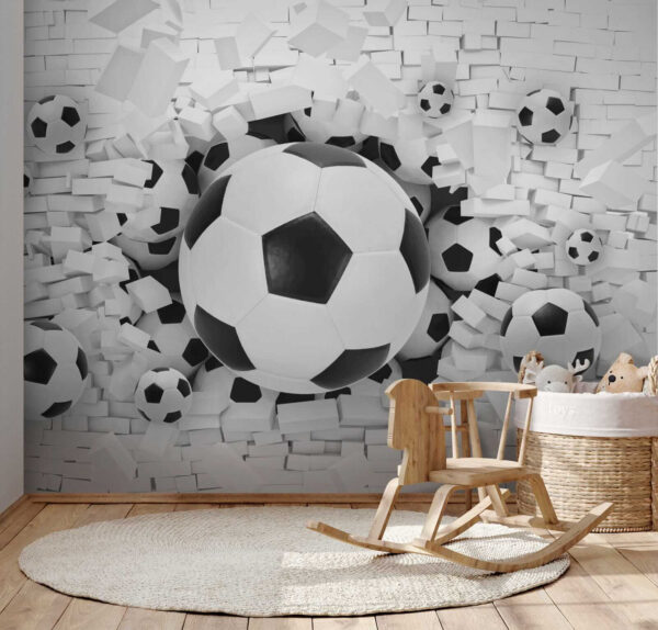Grupo de bolas de futebol numa pilha de tijolos Grupo de bolas de futebol numa pilha de tijolos