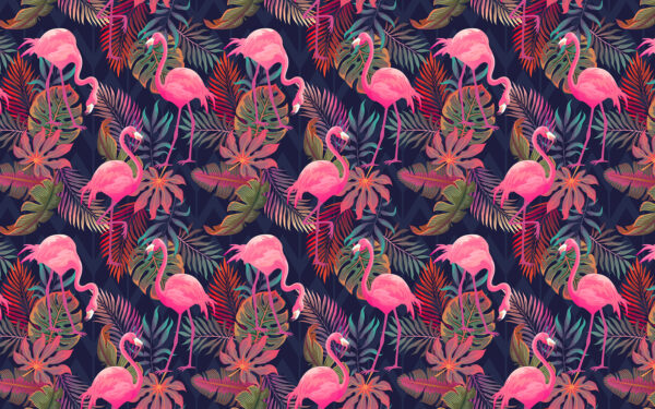 Um padrão de flamingos cor-de-rosa e folhas Um padrão de flamingos cor-de-rosa e folhas