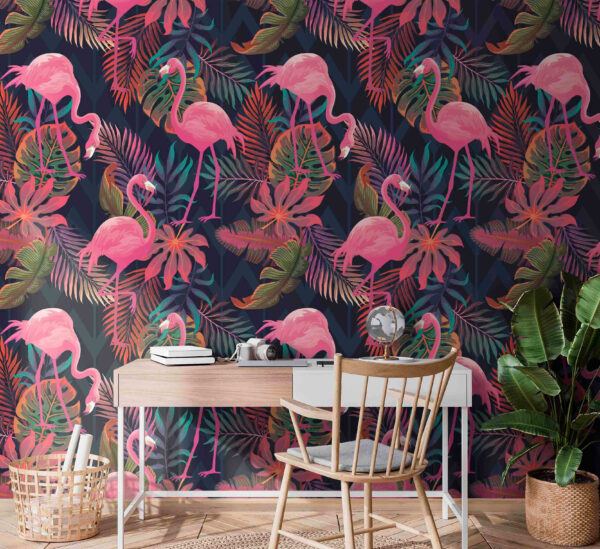 Um padrão de flamingos cor-de-rosa e folhas Um padrão de flamingos cor-de-rosa e folhas