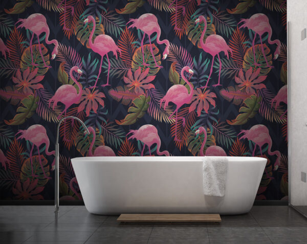 Um padrão de flamingos cor-de-rosa e folhas Um padrão de flamingos cor-de-rosa e folhas