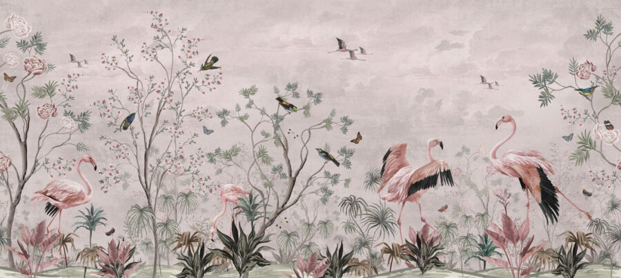 Papel de parede com pássaros e plantas