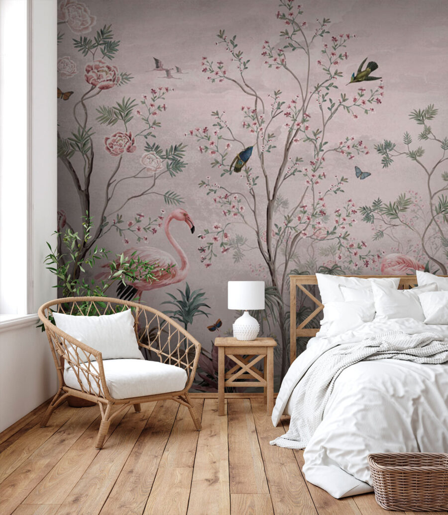 Papel de parede com pássaros e plantas