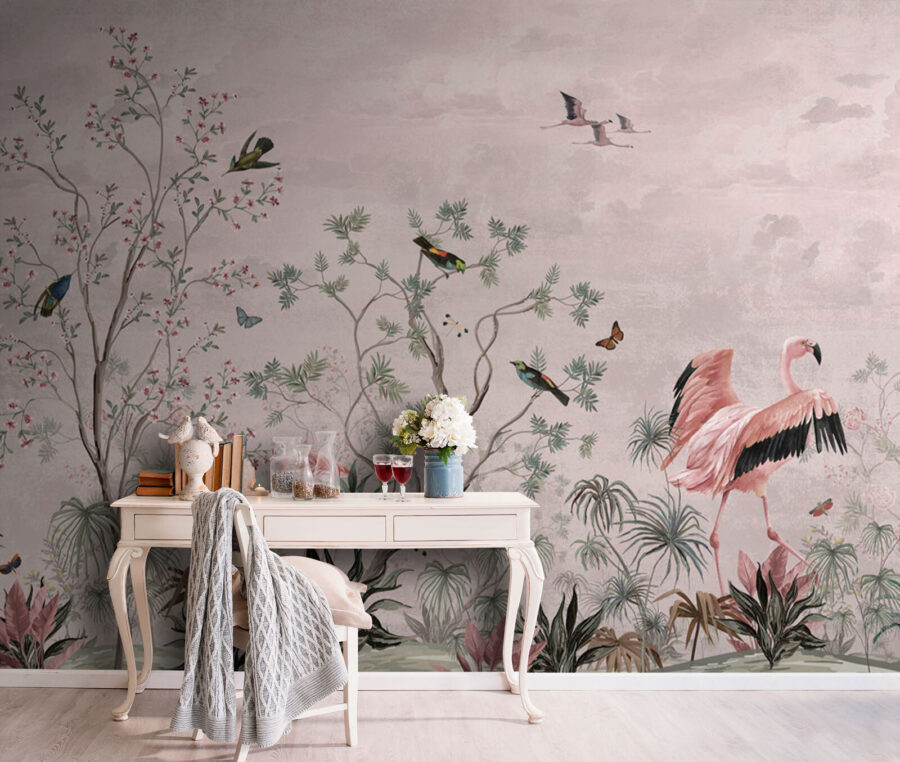 Papel de parede com pássaros e plantas