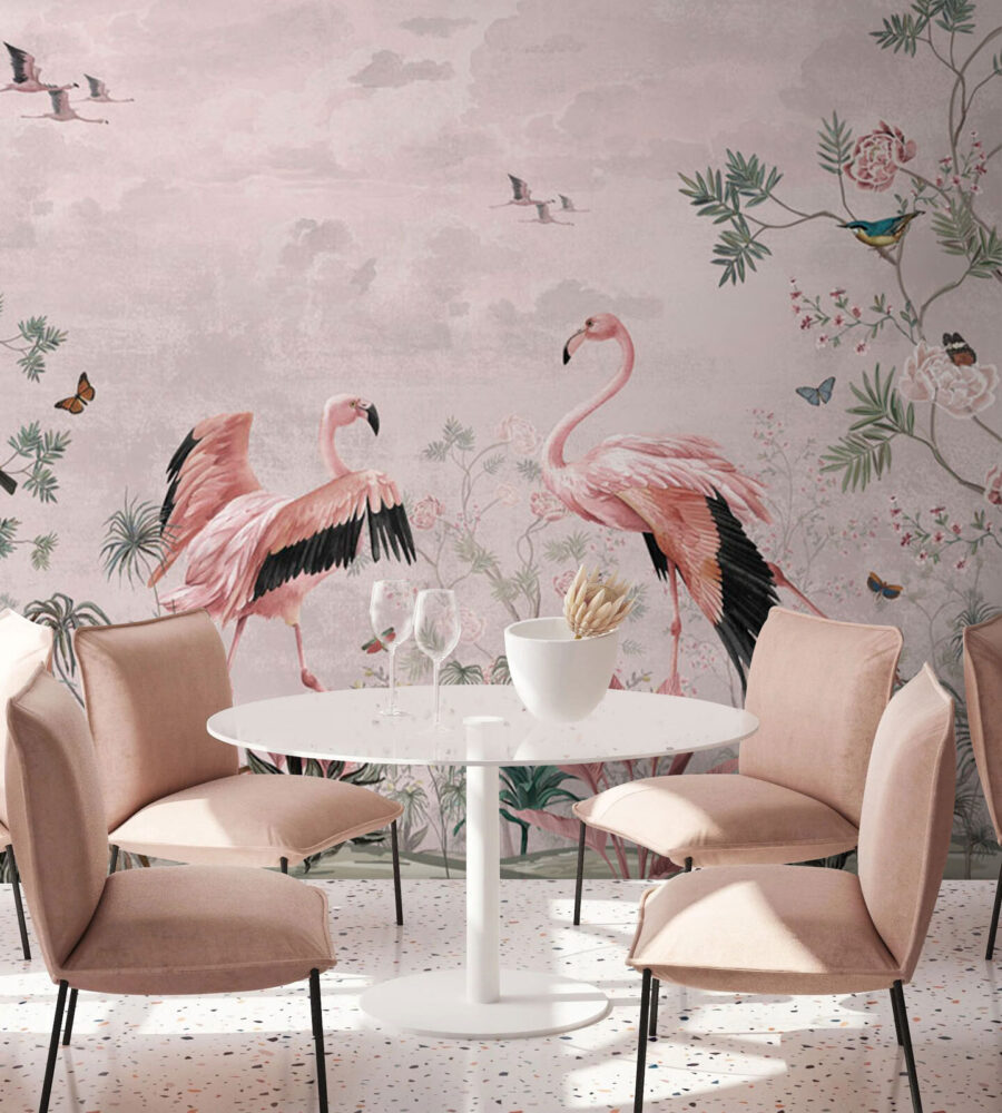 Papel de parede com pássaros e plantas