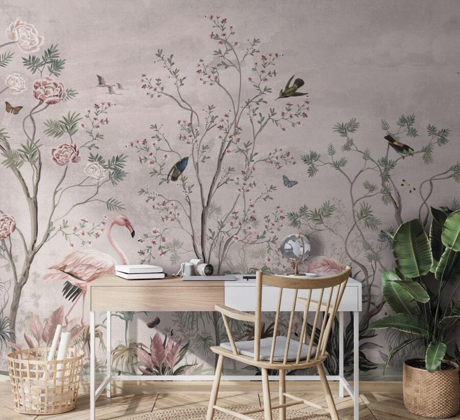 Papel de parede com pássaros e plantas