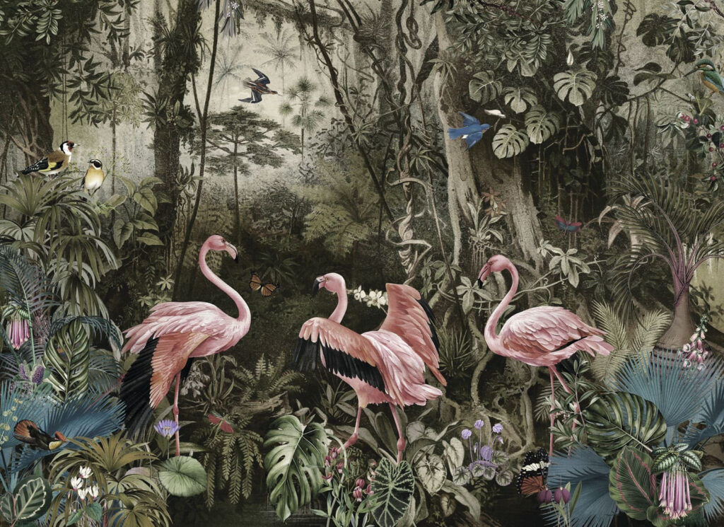 Grupo de flamingos cor-de-rosa numa floresta Grupo de flamingos cor-de-rosa numa floresta