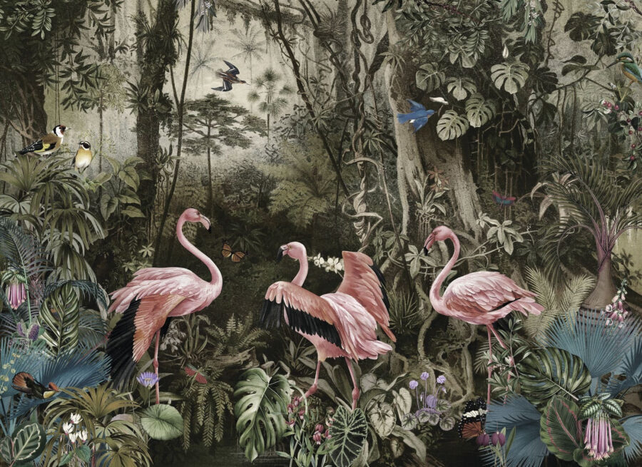 Papel de parede Grupo de flamingos cor-de-rosa numa floresta - Image 8