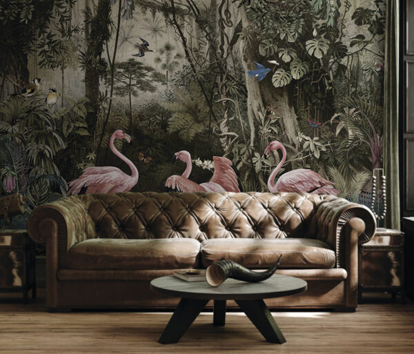 Grupo de flamingos cor-de-rosa numa floresta Grupo de flamingos cor-de-rosa numa floresta