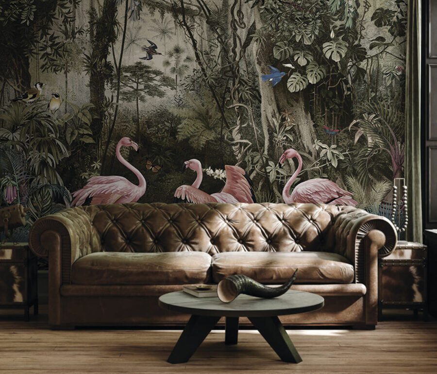 Papel de parede Grupo de flamingos cor-de-rosa numa floresta