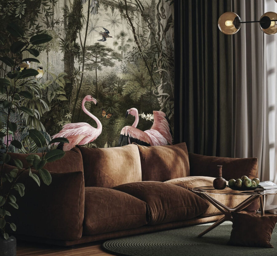 Papel de parede Grupo de flamingos cor-de-rosa numa floresta - Image 2