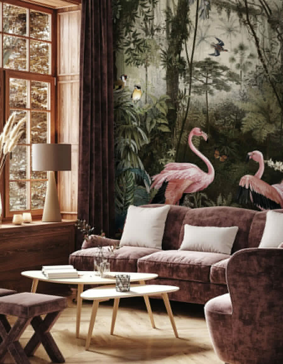 Papel de parede Grupo de flamingos cor-de-rosa numa floresta - Image 3