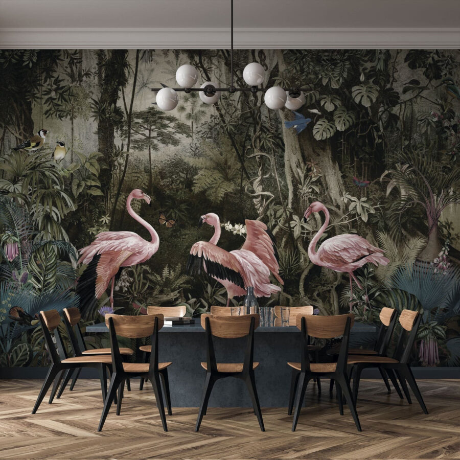 Papel de parede Grupo de flamingos cor-de-rosa numa floresta - Image 4
