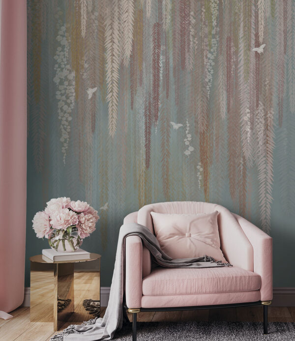 Papel de parede com um padrão de folhas e pássaros Papel de parede com um padrão de folhas e pássaros