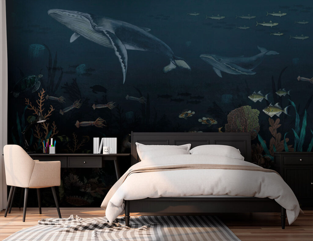 Group of fish and whales swimming in the ocean Group of fish and whales swimming in the ocean