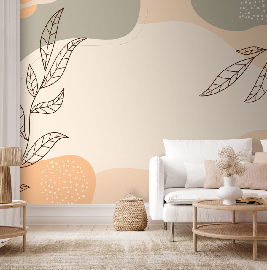 Fundo branco e cinzento com folhas e formas
