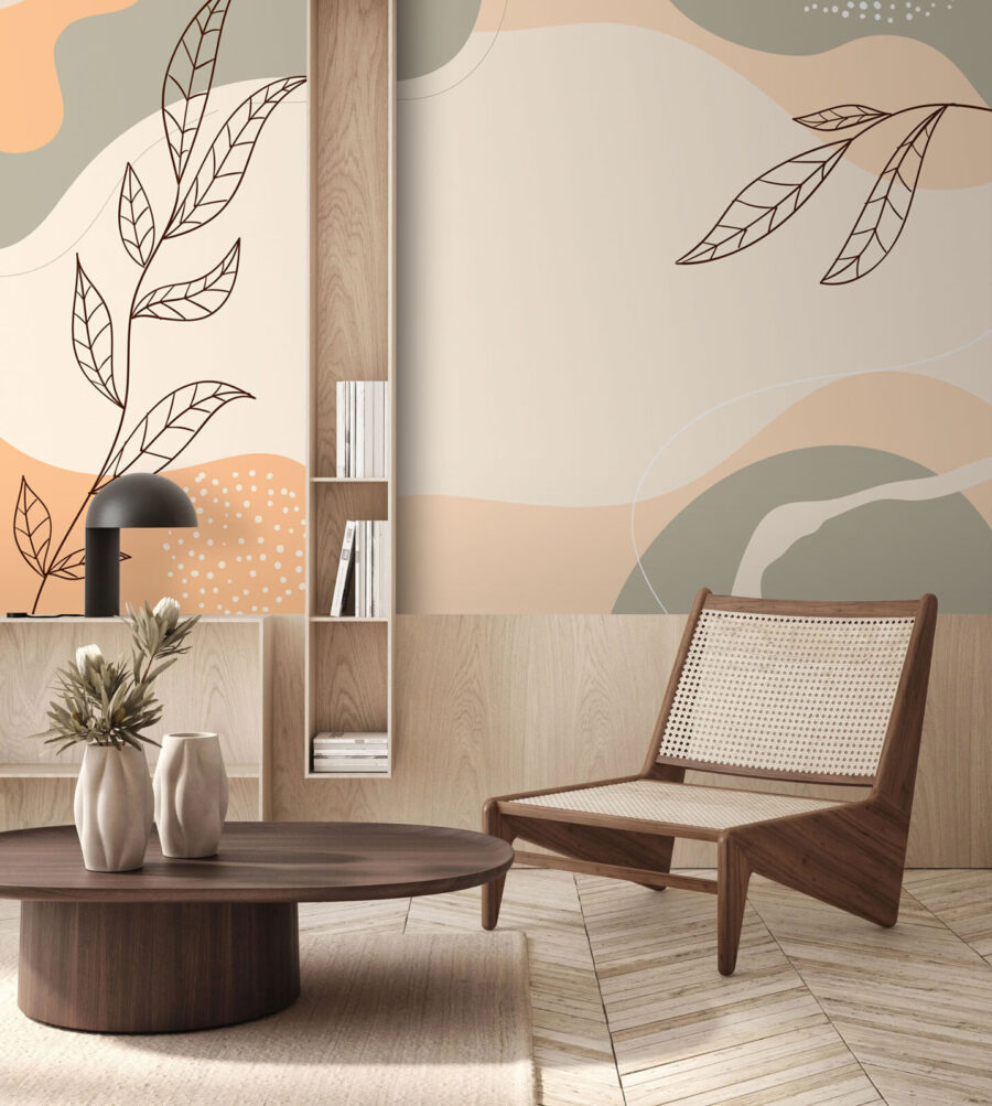 Fundo branco e cinzento com folhas e formas