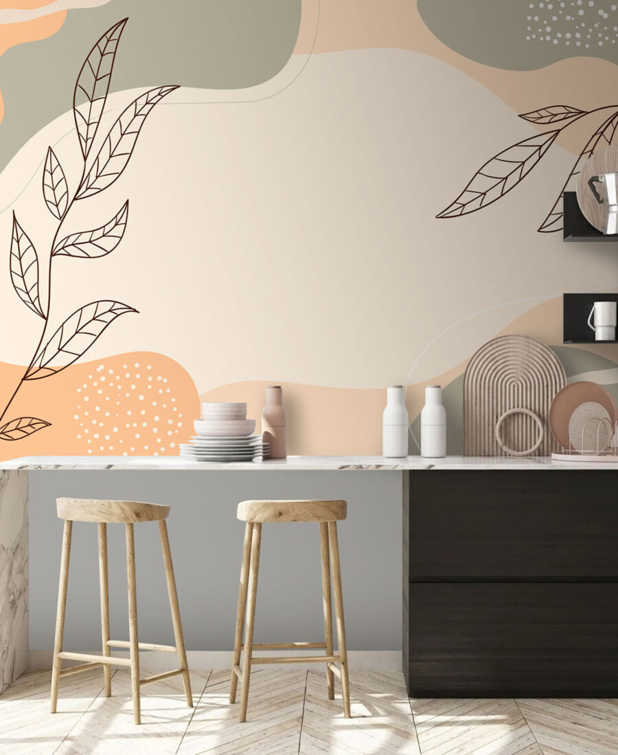 Fundo branco e cinzento com folhas e formas