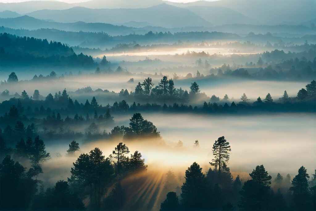 Paisagem de nevoeiro com árvores e montanhas Paisagem de nevoeiro com árvores e montanhas