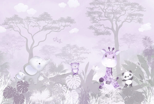 A purple and white background with animals