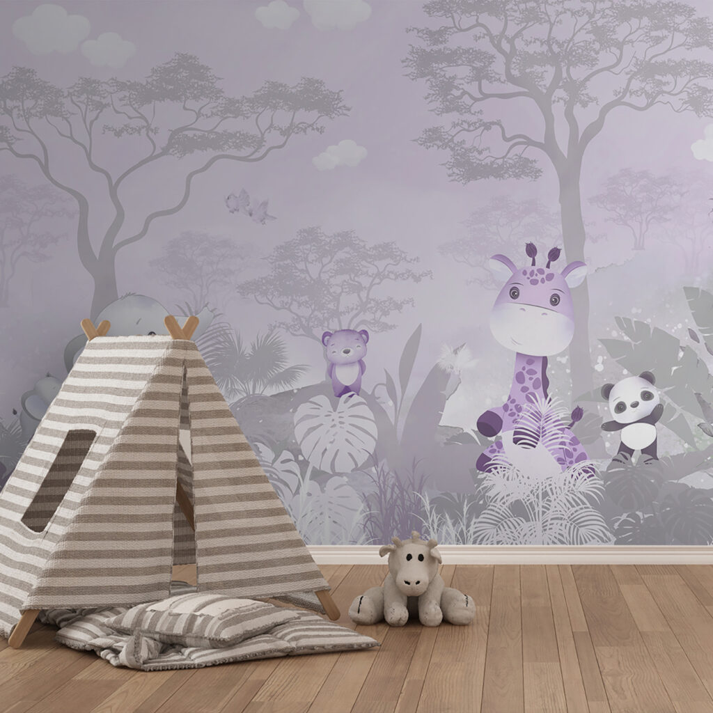 A purple and white background with animals
