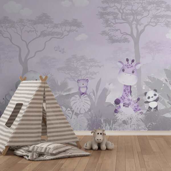 A purple and white background with animals
