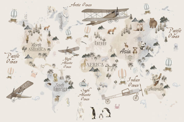 Map of the world with animals and birds Map of the world with animals and birds
