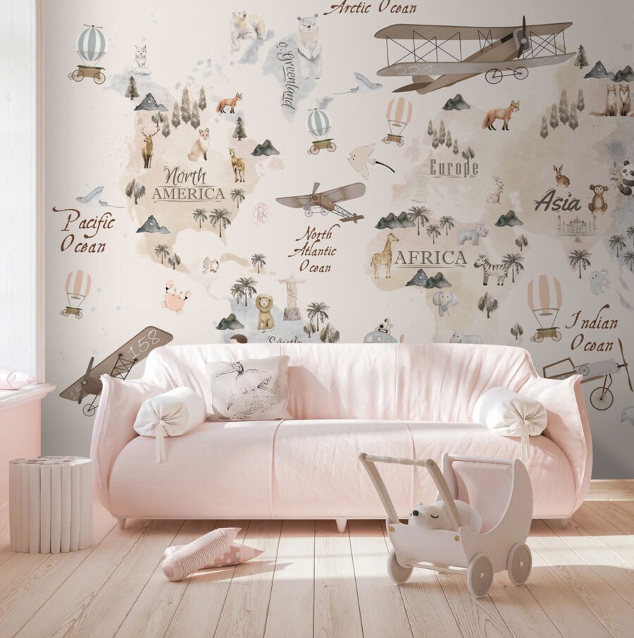 Mapa do mundo com animais e aves