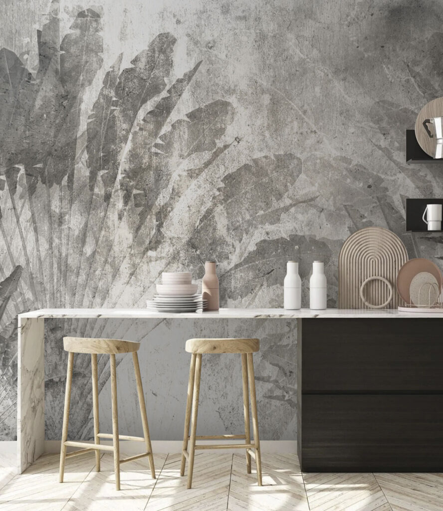 Grey and white background with leaves