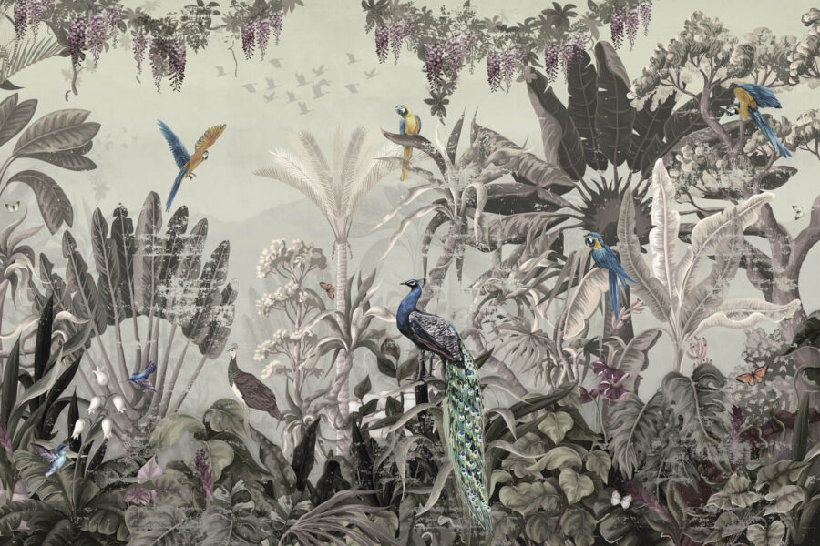 Mural de pássaros e plantas