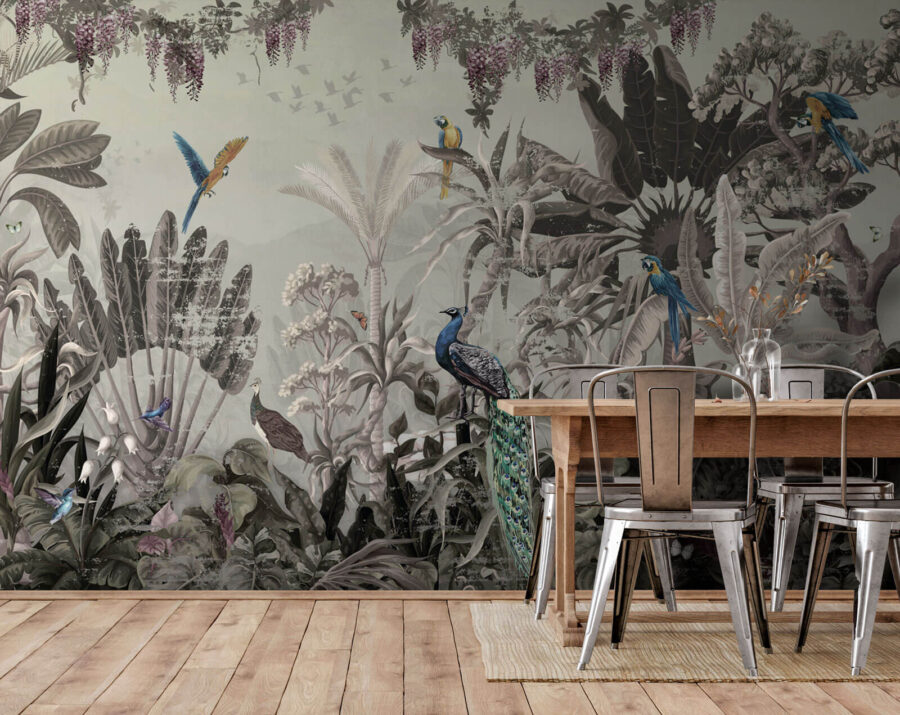 Mural de pássaros e plantas