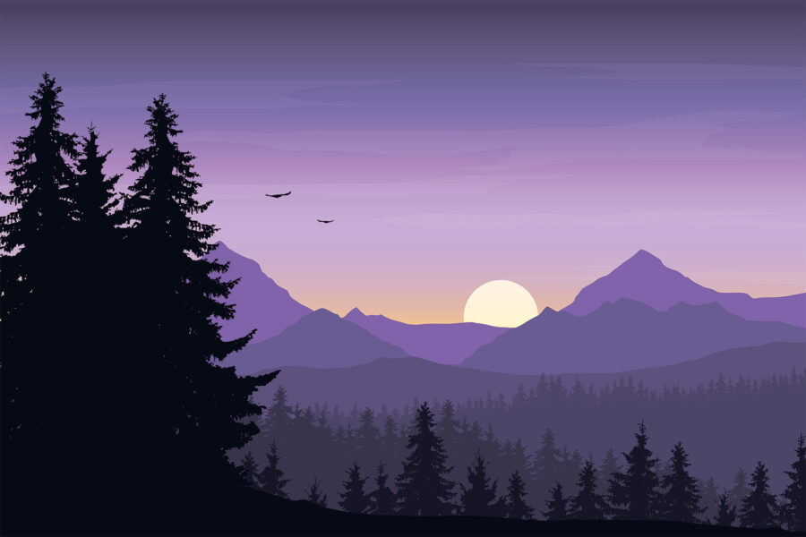 Paisagem com árvores e montanhas