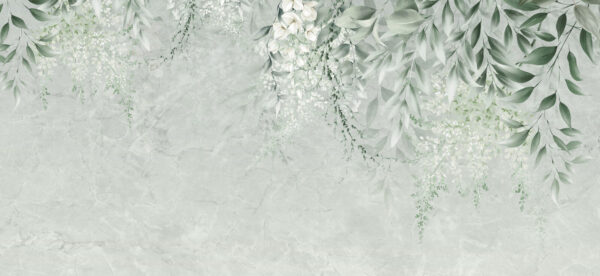 Flores brancas e folhas verdes sobre um fundo branco Flores brancas e folhas verdes sobre um fundo branco