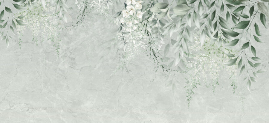 Flores brancas e folhas verdes sobre um fundo branco Flores brancas e folhas verdes sobre um fundo branco
