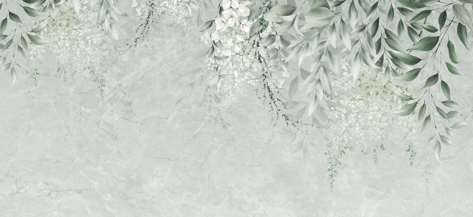 White flowers and green leaves on a white background