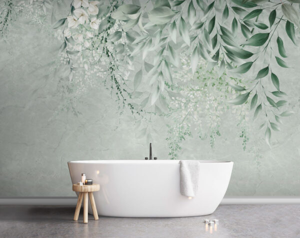 Flores brancas e folhas verdes sobre um fundo branco Flores brancas e folhas verdes sobre um fundo branco